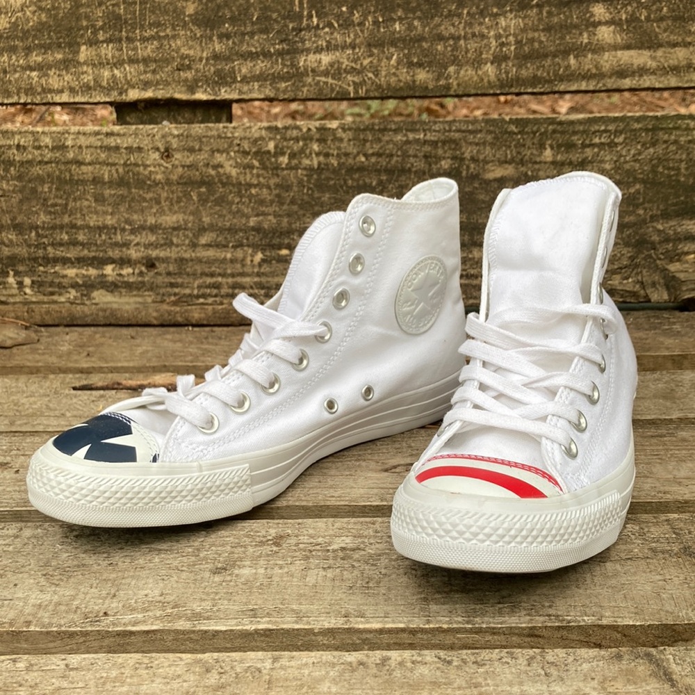 Converse hi tops, white with stars and stripes pattern